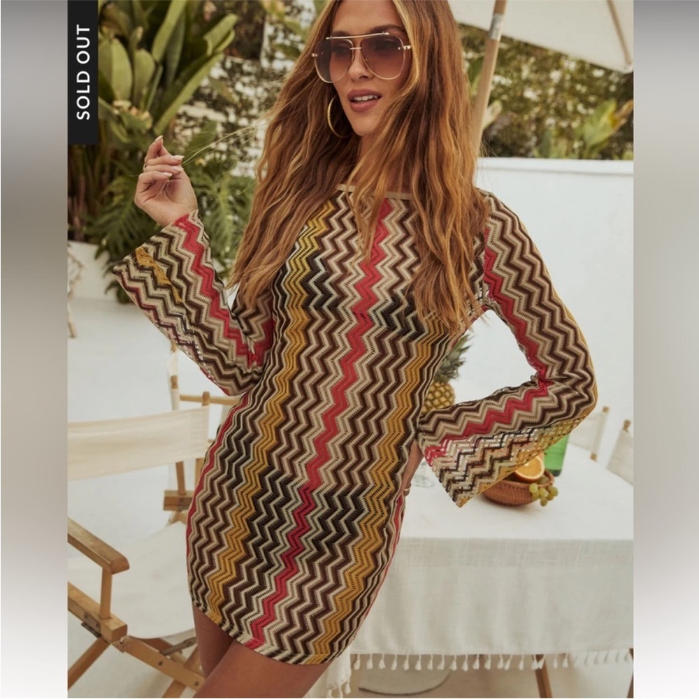 Vici Multicolor Zigzag Knit Mini Dress with Bell Sleeves